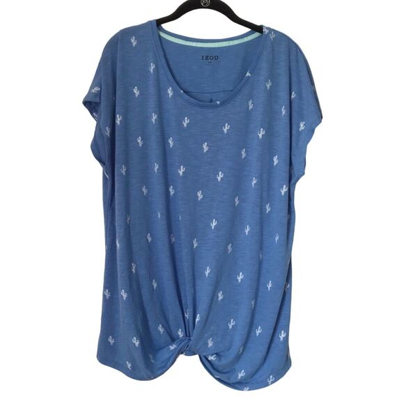 Izod Womens Top XXL Blue Cactus Printed Tee T-Shirt Cap Sleeve Twist Hem Tunic - Picture 4 of 13